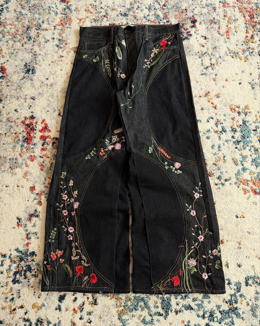 Y2K Loose-Fit Wide-Leg Patchwork Jeans with Floral Embroidery