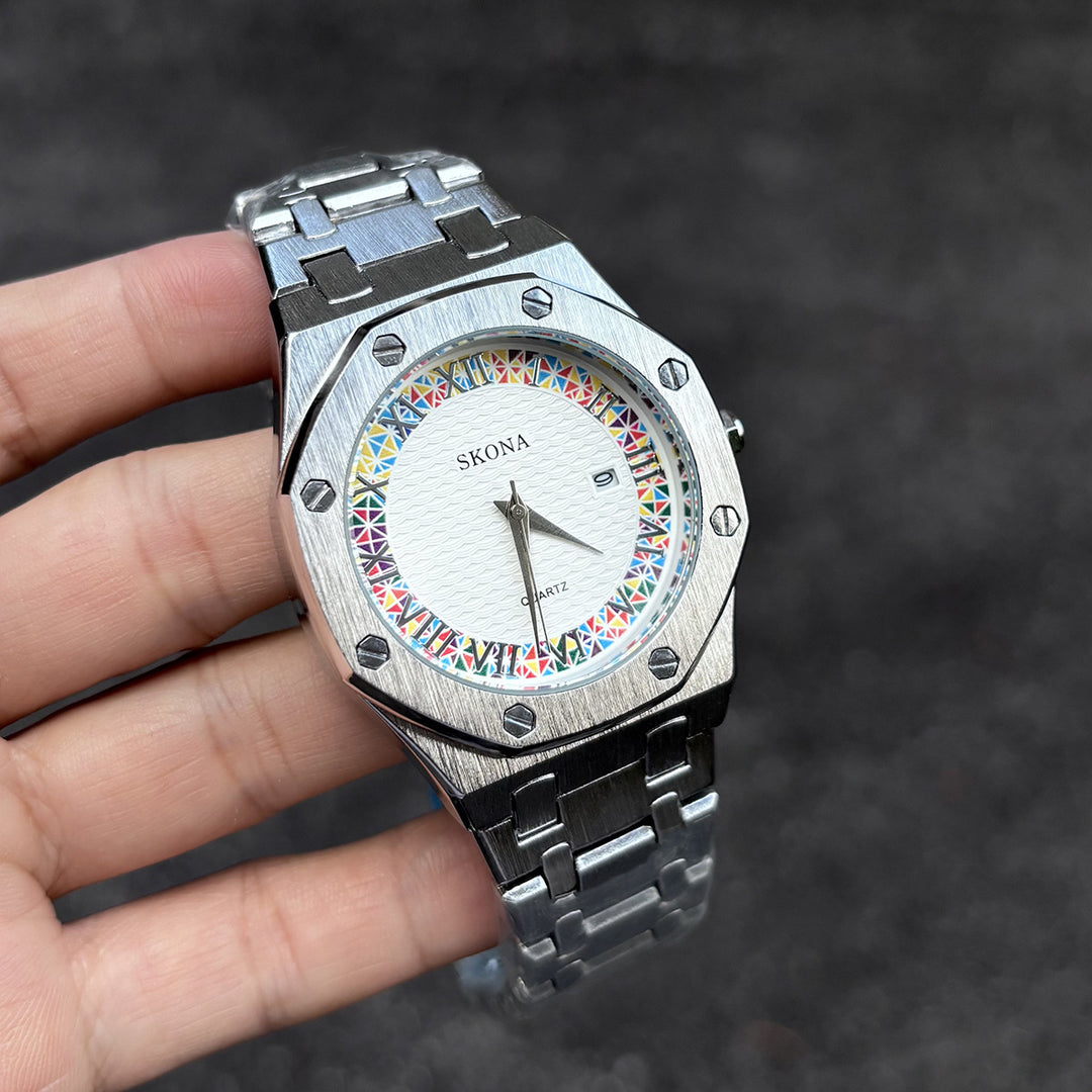 Stainless Steel Watch with Octagonal Bezel and Rainbow Roman Numerals