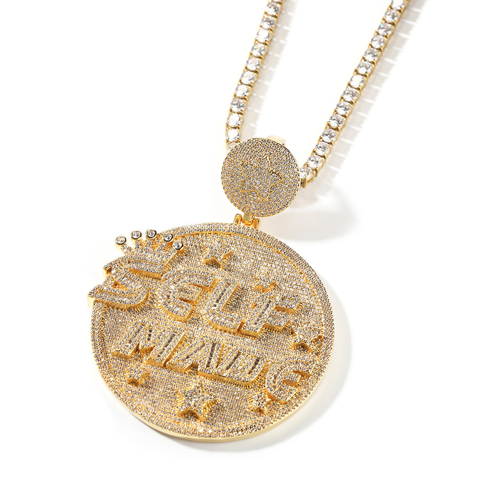 Self made hip-hop large diamond-encrusted disc necklace