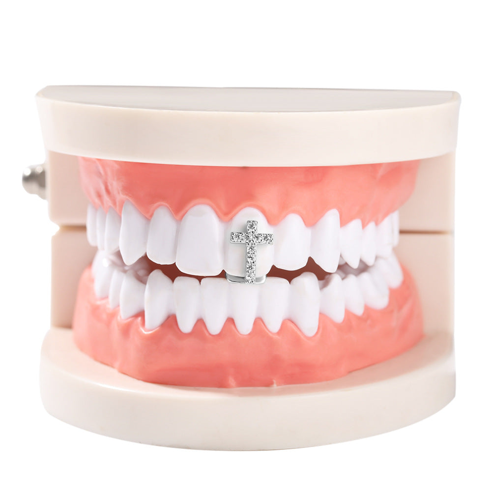 Hip-hop gold braces with zirconia cross Teeth Grillz