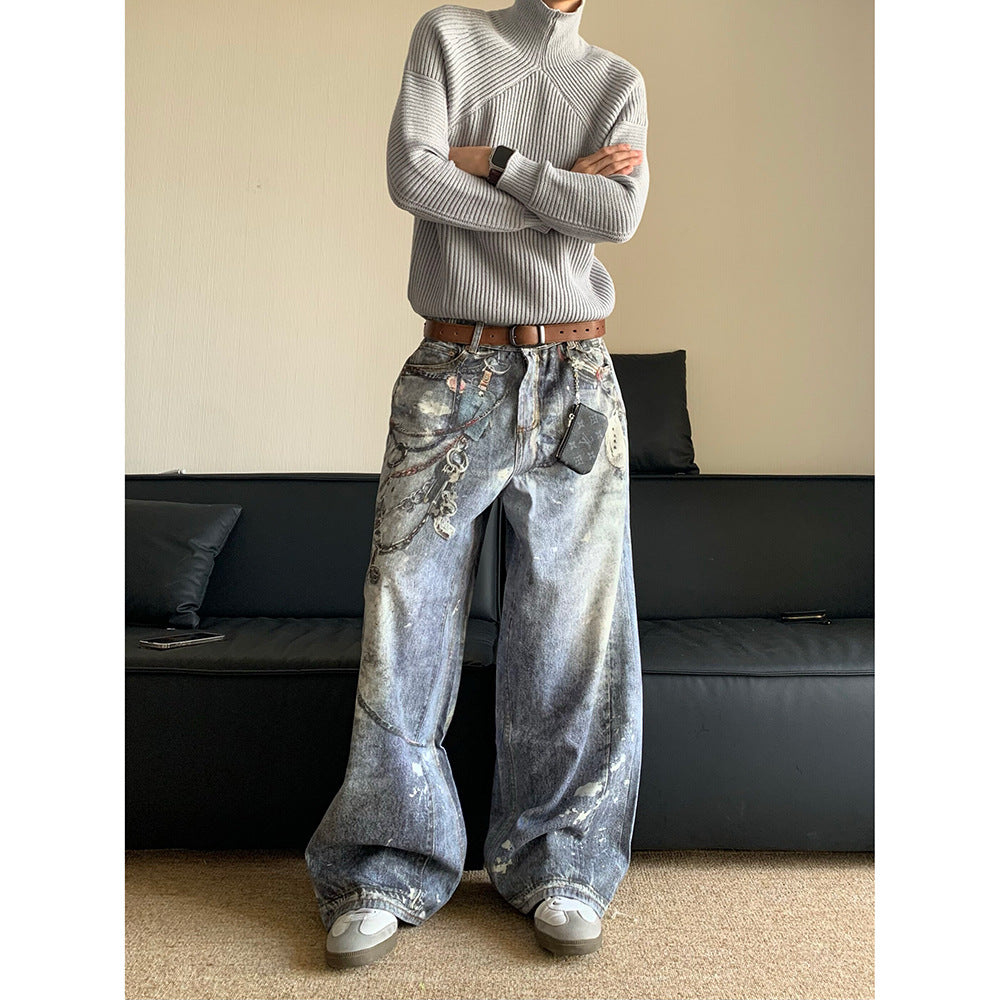 Distressed "Wasteland" Style Jeans with 3D Print and Chain Detail