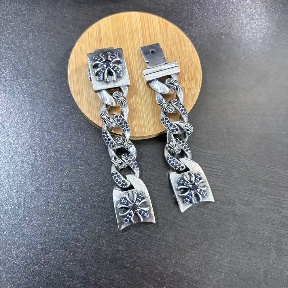 Chrome Hearts blue diamond-encrusted cross flower watch chain