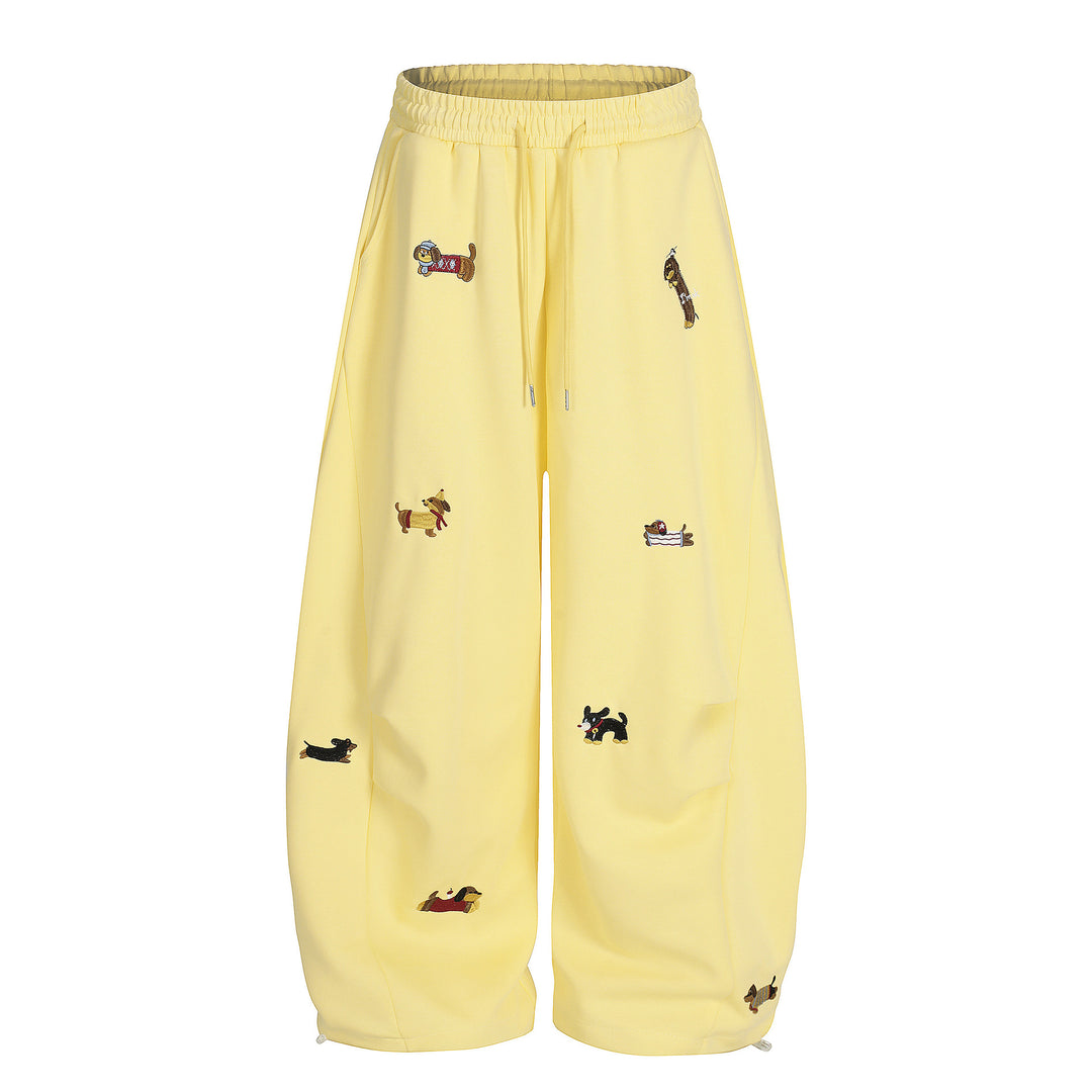 Cartoon Dog Print Straight-Leg Trousers Curved-Cut Casual Pants