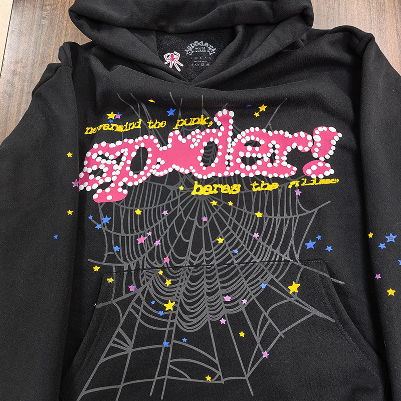 Sp5der fleece-lined hoodie with spiderweb print.