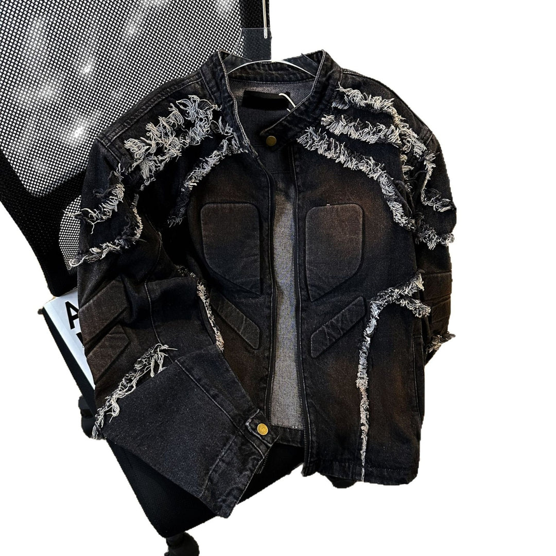 Embossed Raw-Hem Padded-Shoulder Denim Jacket