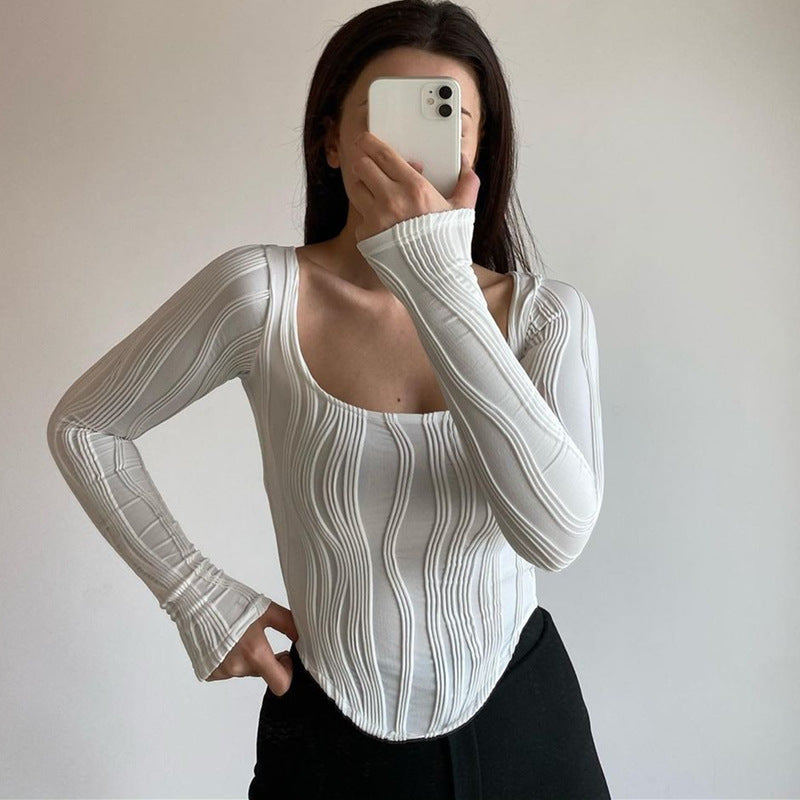 Autumn & Winter long-sleeved U-neck water ripple slim fit top T-shirt