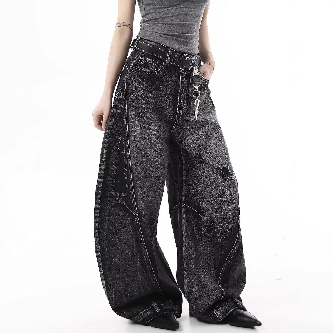 Retro Hong Kong Style Distressed Ripped Wide-Leg Jeans