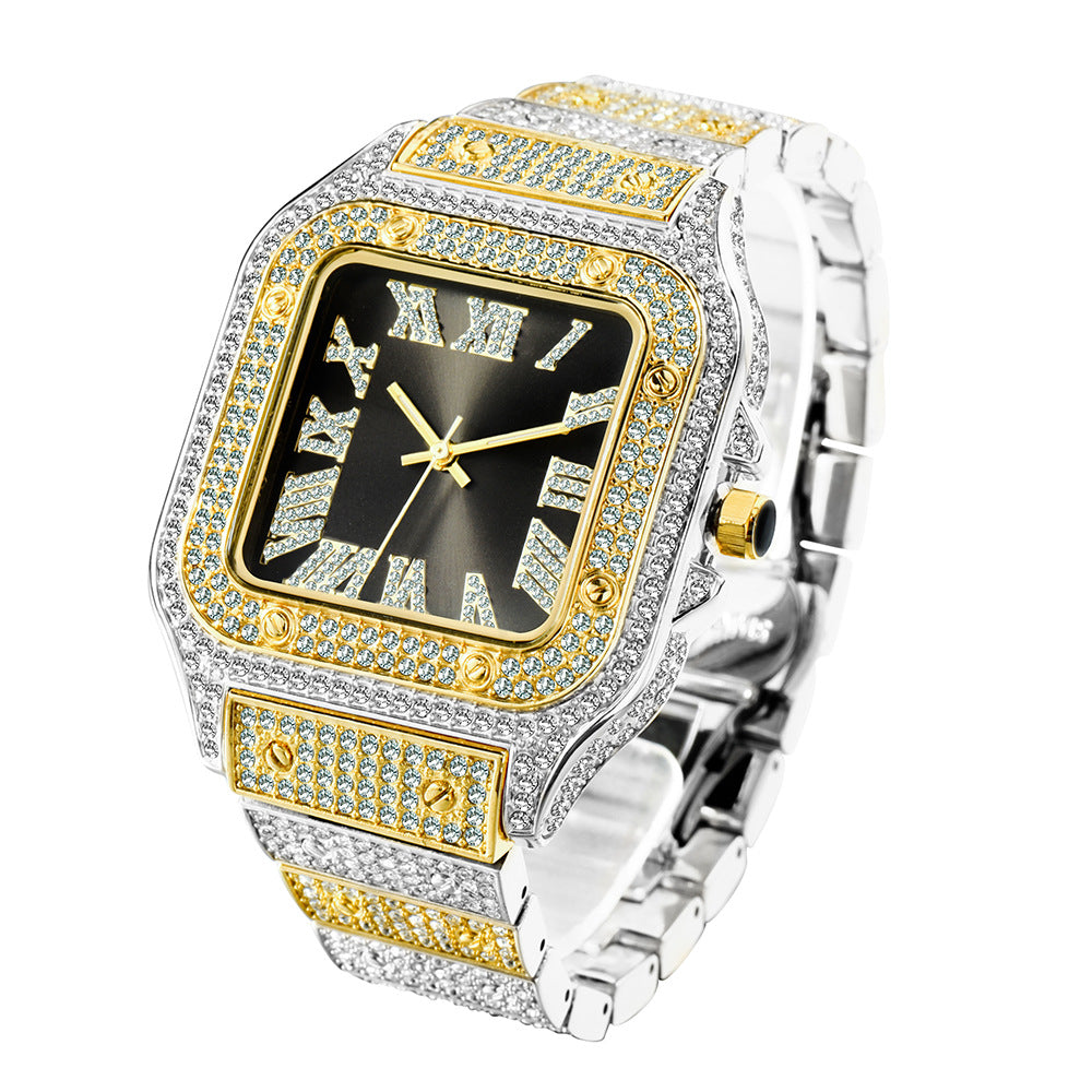 Roman Dial Marker High-End Hip Hop Style Diamond-Studded Square Watch