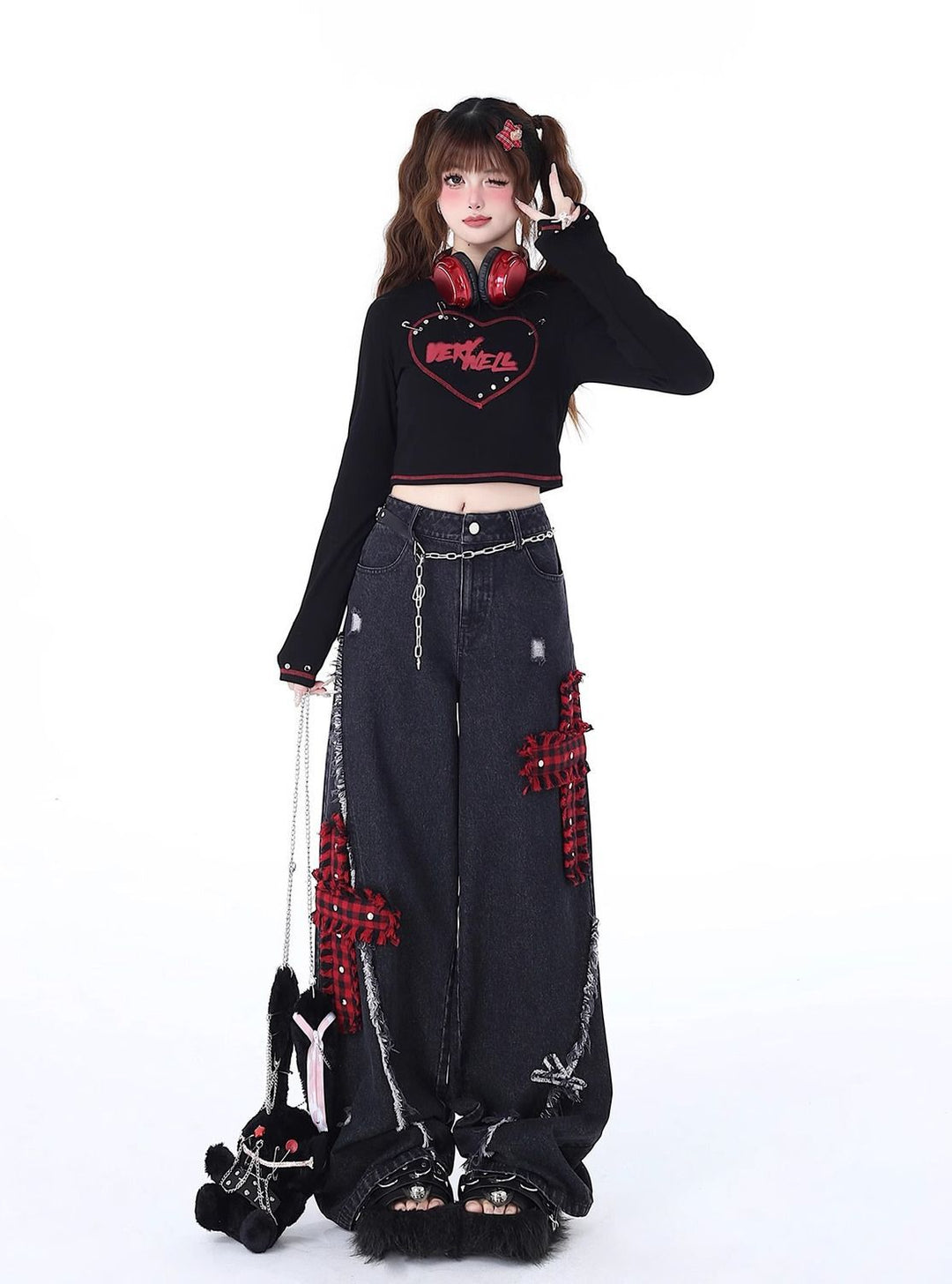 Rock-Punk Distressed Straight-Leg Wide-Leg Jeans