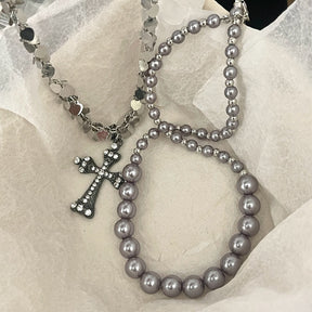 rosary necklace Gray pearl cross necklace