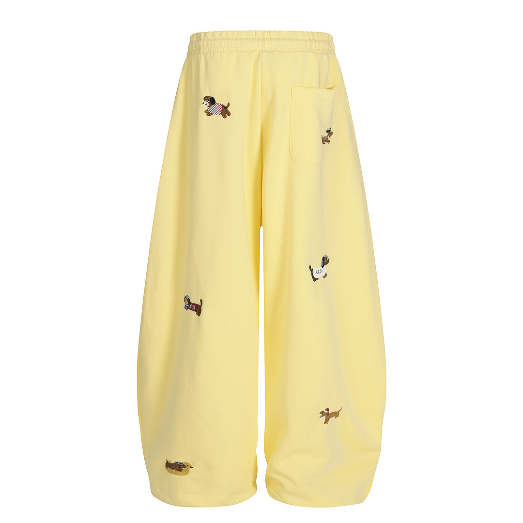 Cartoon Dog Print Straight-Leg Trousers Curved-Cut Casual Pants