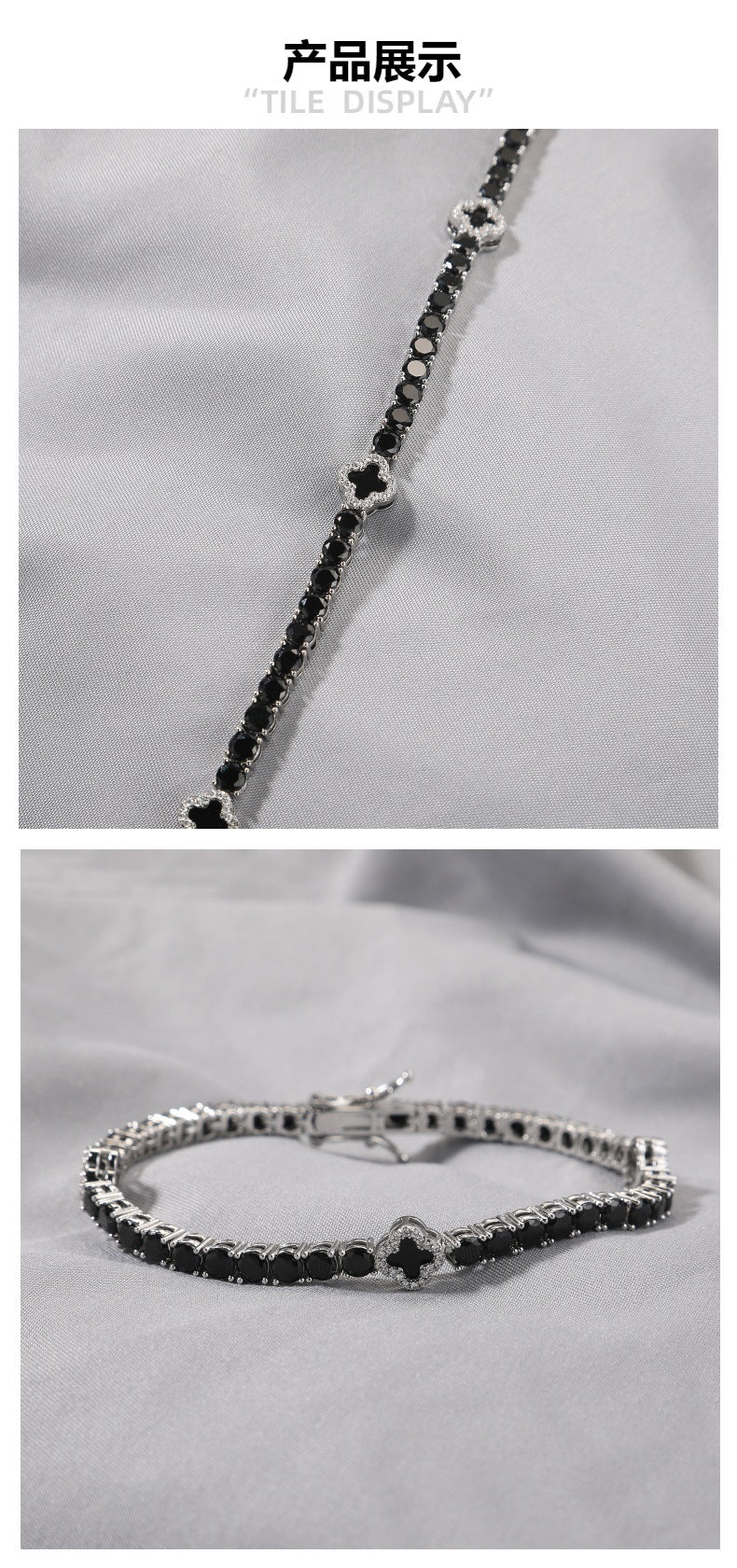 Silver Black Four-Leaf Clover Buckle Bracelet
