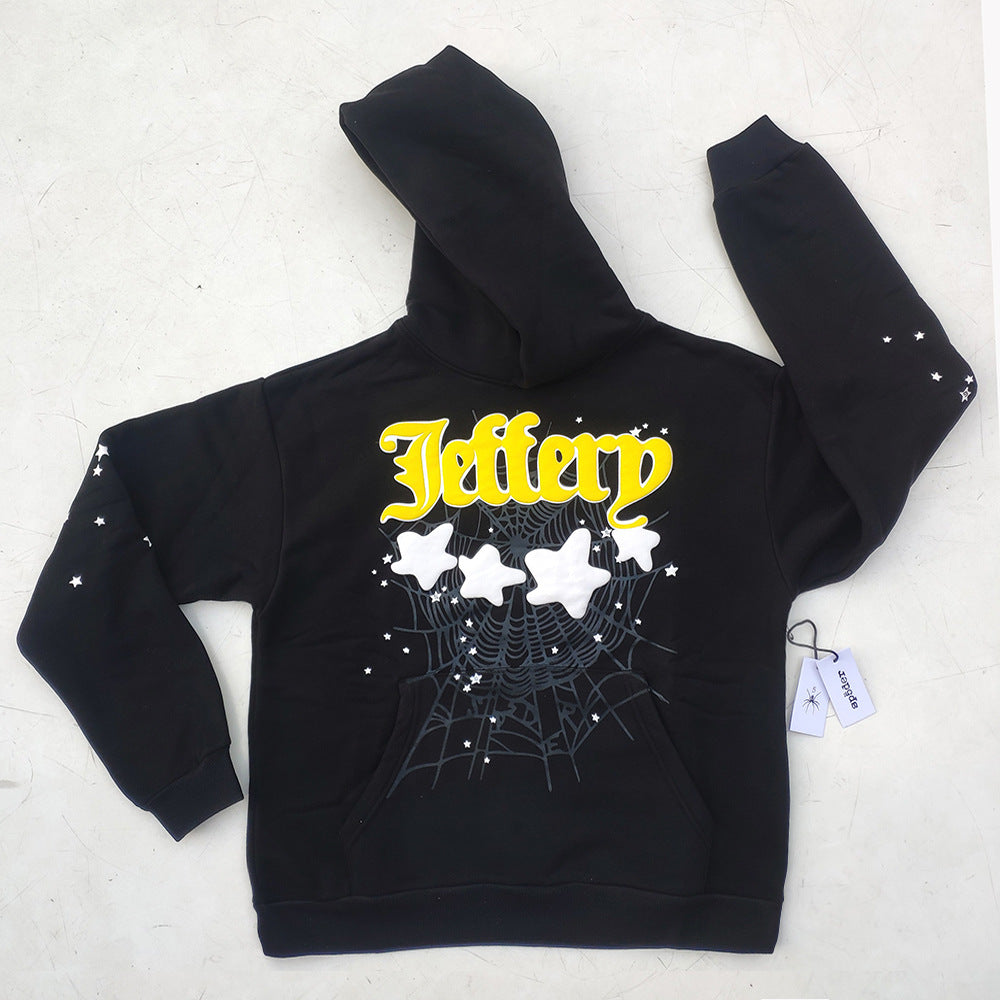 Sp5der fleece-lined hoodie with spiderweb print.