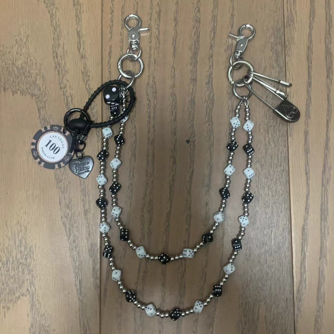 Distressed Double-Layer Black & White Dice and Pearl Pant Chain
