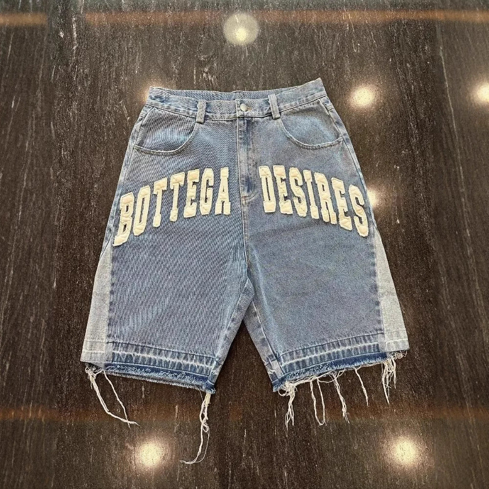 Y2K Embroidered Bone Casual Pants Loose Denim Shorts
