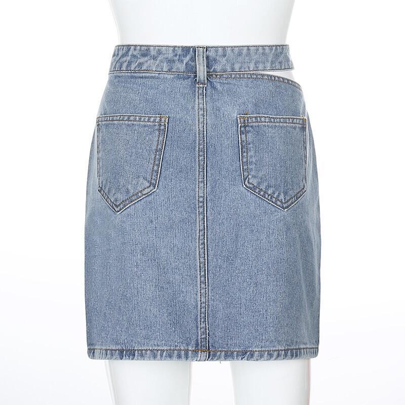 High-waisted denim mini skirt with one-sided cutout