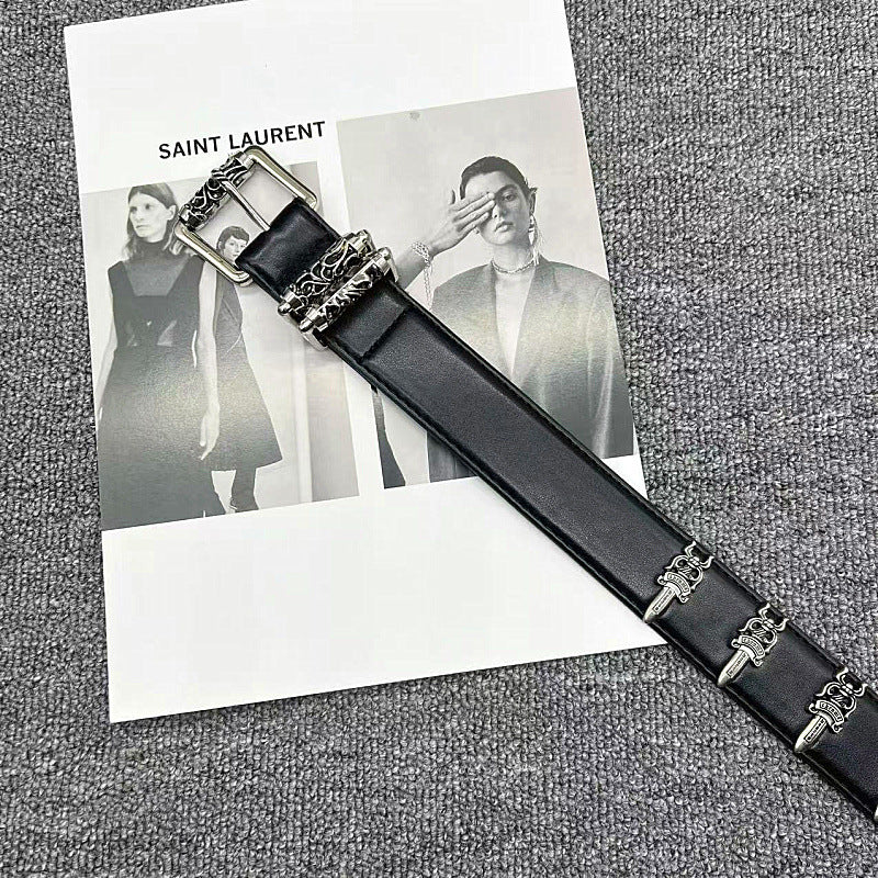 Chrome Hearts Vine Carved Coral Buckle Gothic Studded Leather Belt