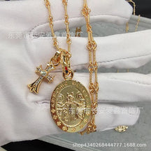 Chrome Hearts Gold Diamond Small Cross Pendant Angel Medal Necklace