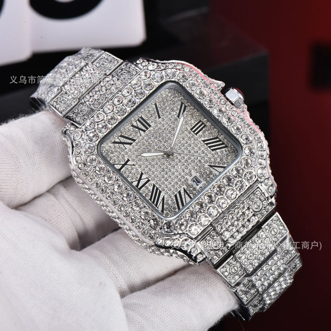 Luxury Diamond-Studded Watch with Classic Roman Dial
