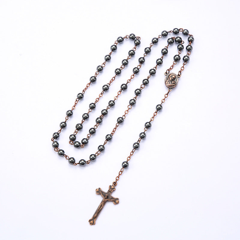 Black gallstone round bead rosary necklace