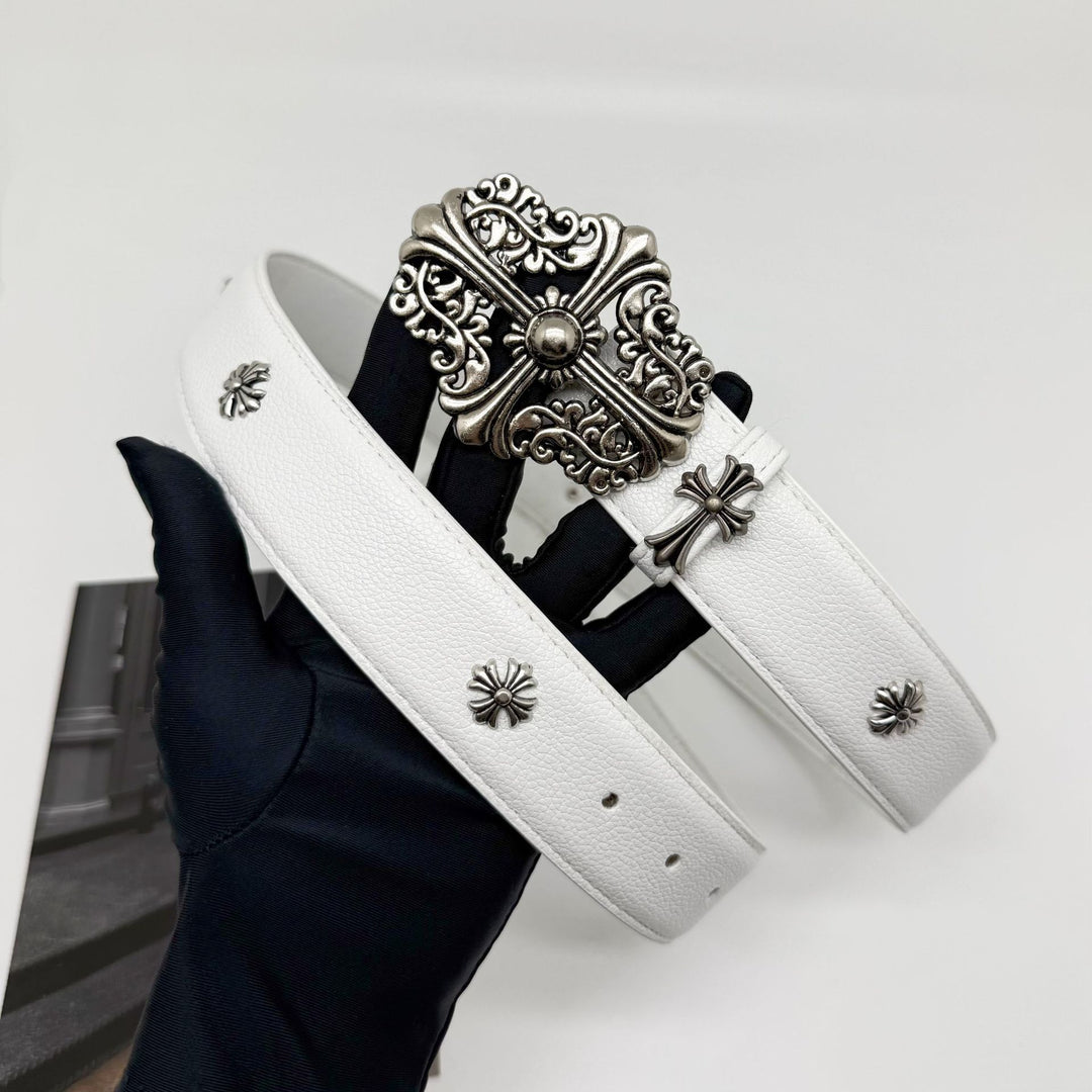 Chrome Hearts Cemetery Cross Classic PU Leather Belt with Rivets