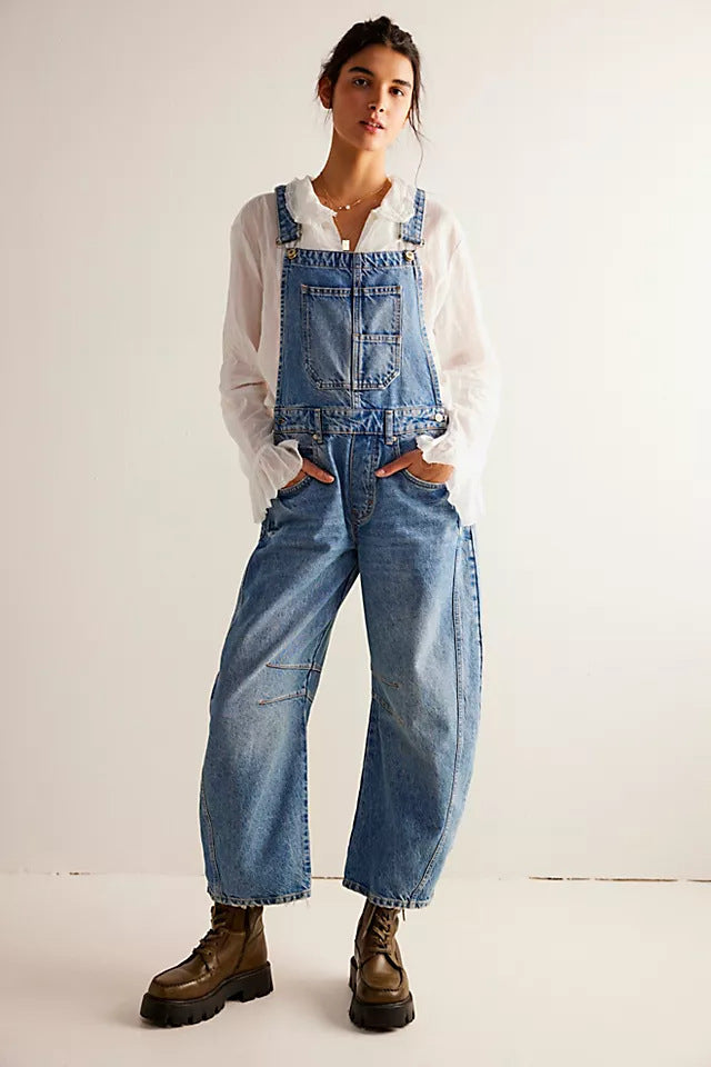 Washed Vintage, Loose-Fit, Straight-Leg Cargo Denim Overalls