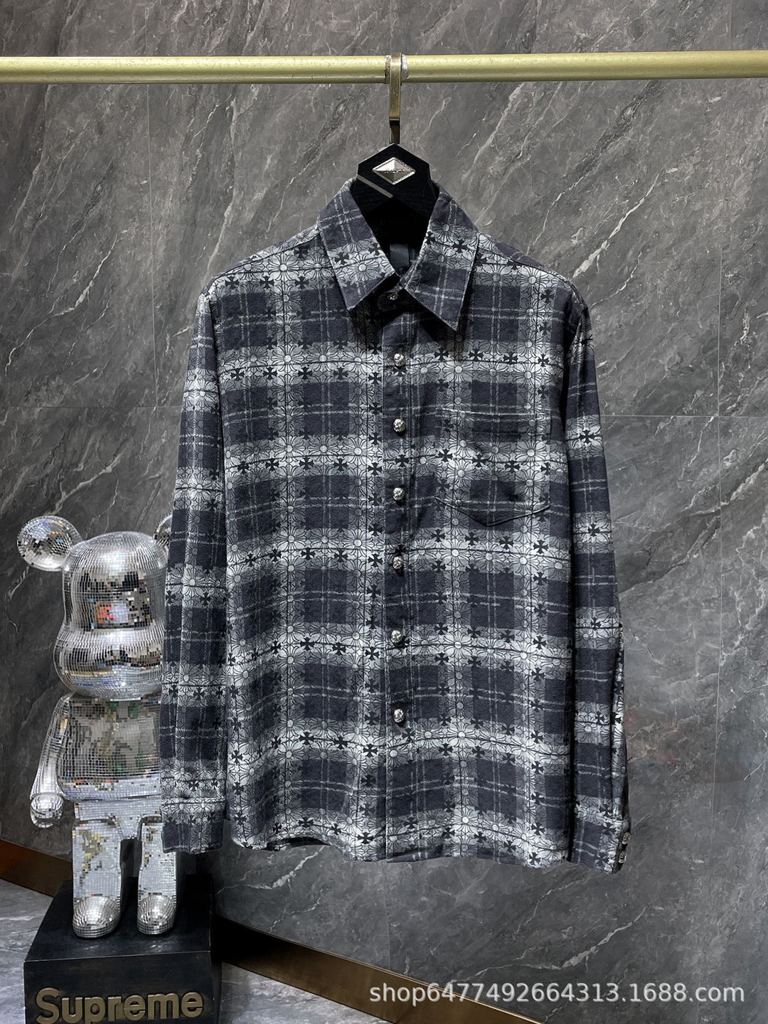 Chrome Hearts Leather Cross-Pattern Plaid Shirt