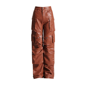 Multi-pocket overalls leather pants personality loose overalls