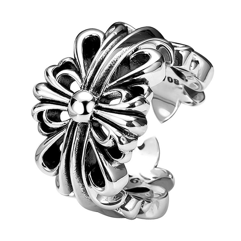 S925 sterling silver chrome hearts cross flower retro open ring