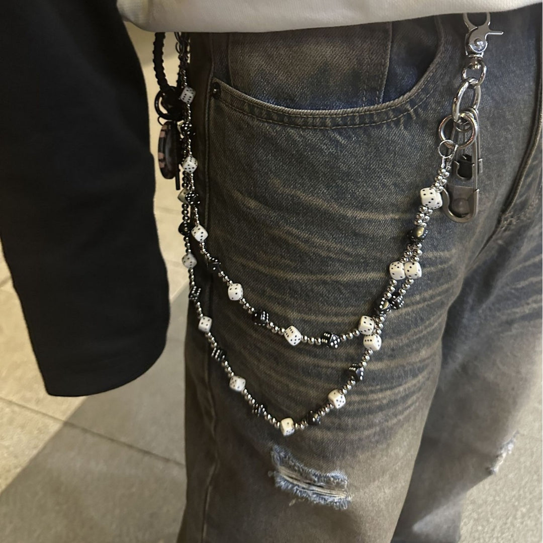 Distressed Double-Layer Black & White Dice and Pearl Pant Chain