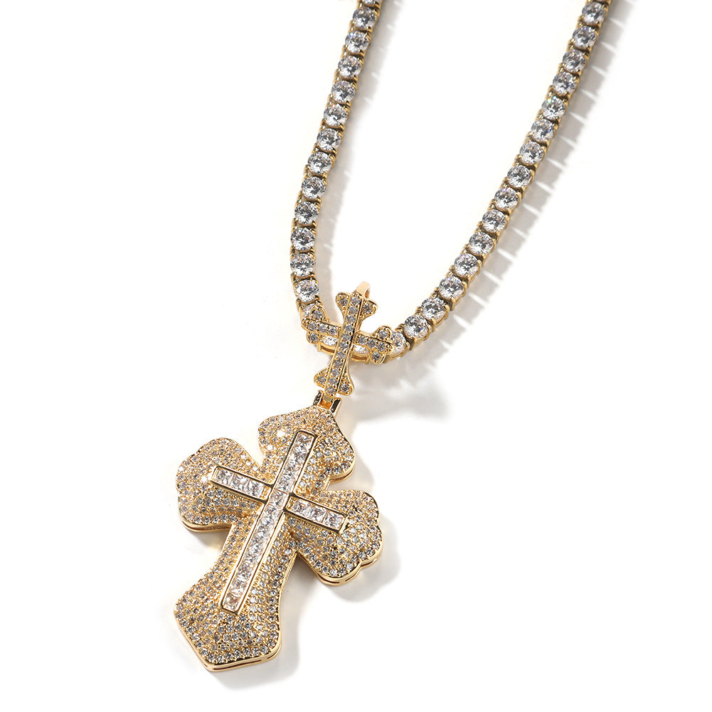 Hip-hop zircon-encrusted couple's necklace with large and small crosses