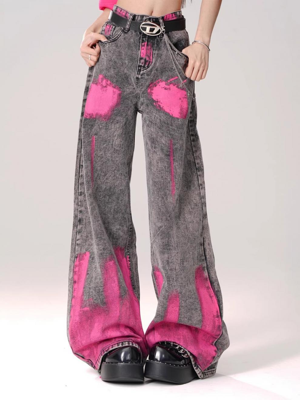 Graffiti print straight-leg floor-length jeans