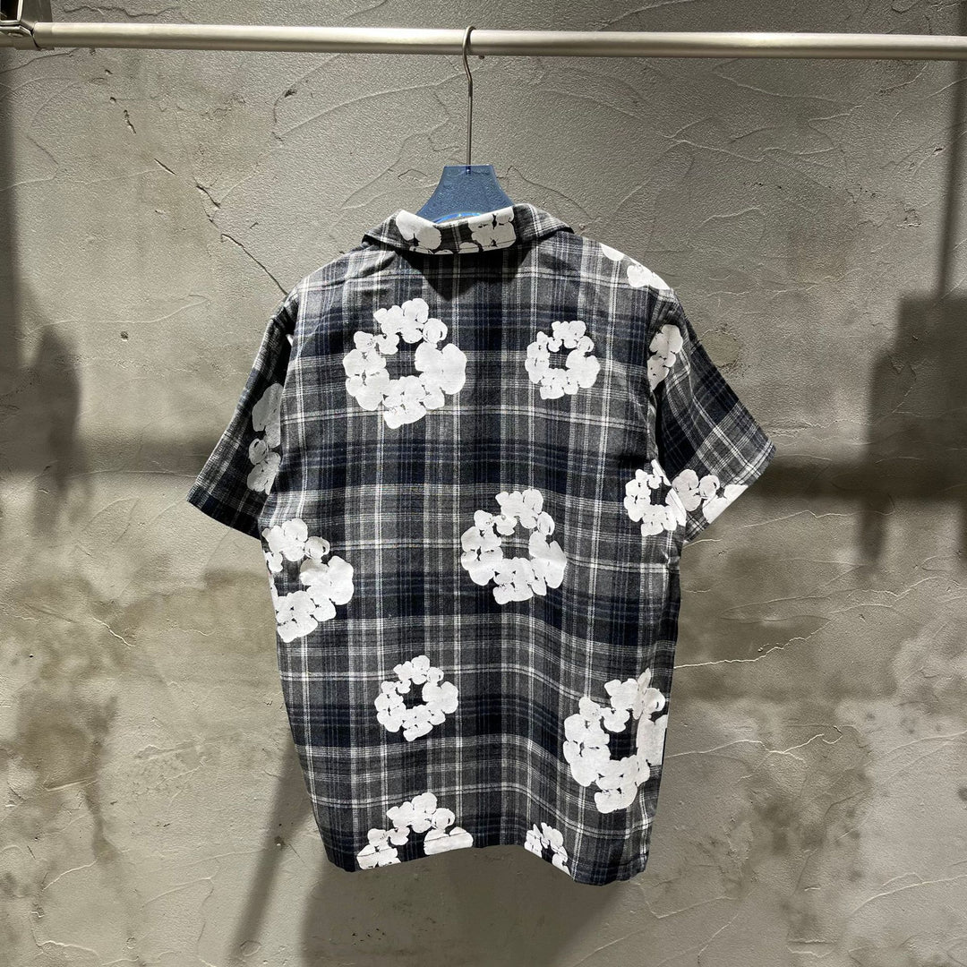 All-over print plaid short-sleeved shirt and shorts set