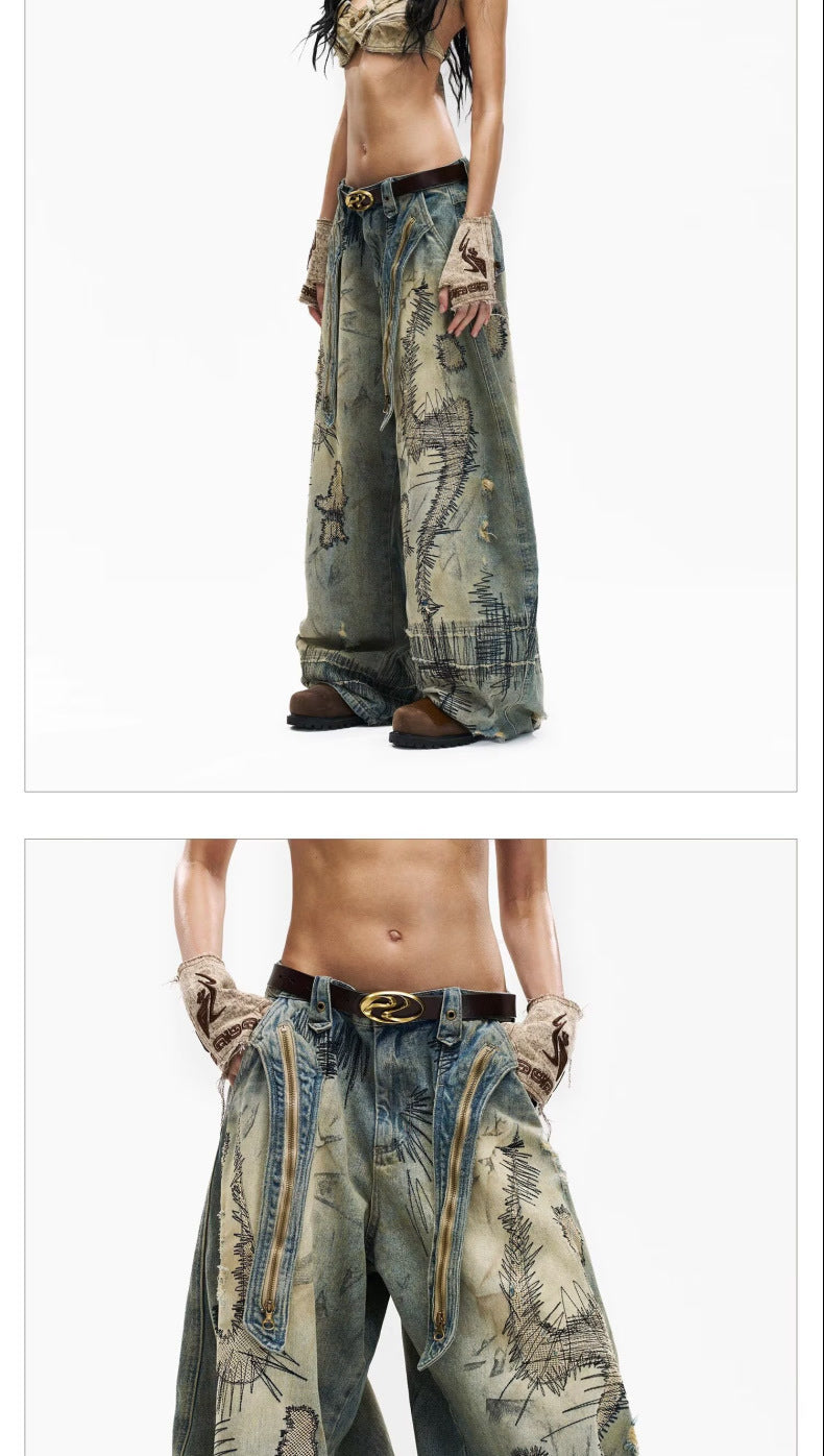 "Random Stitch" Embroidered & Distressed "Scythe" Cut Denim Jeans