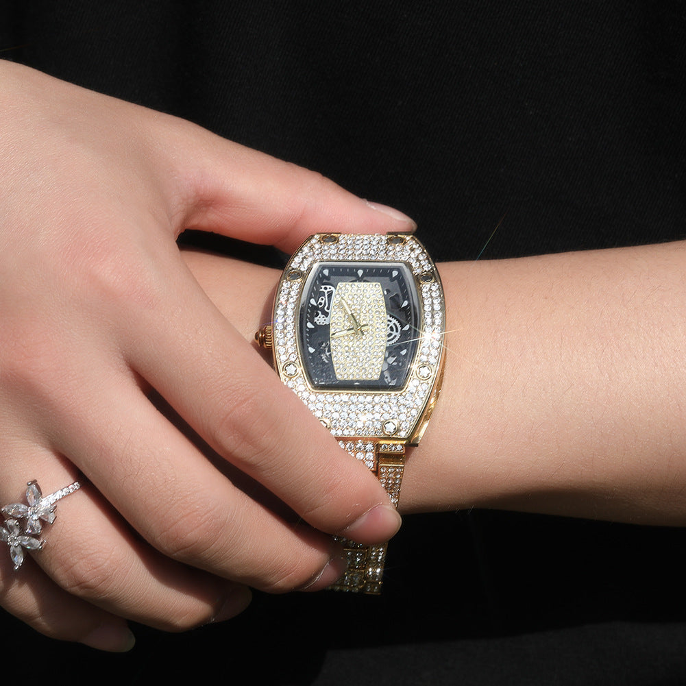 Diamond-set color-blocked hip-hop tonneau-shaped watch