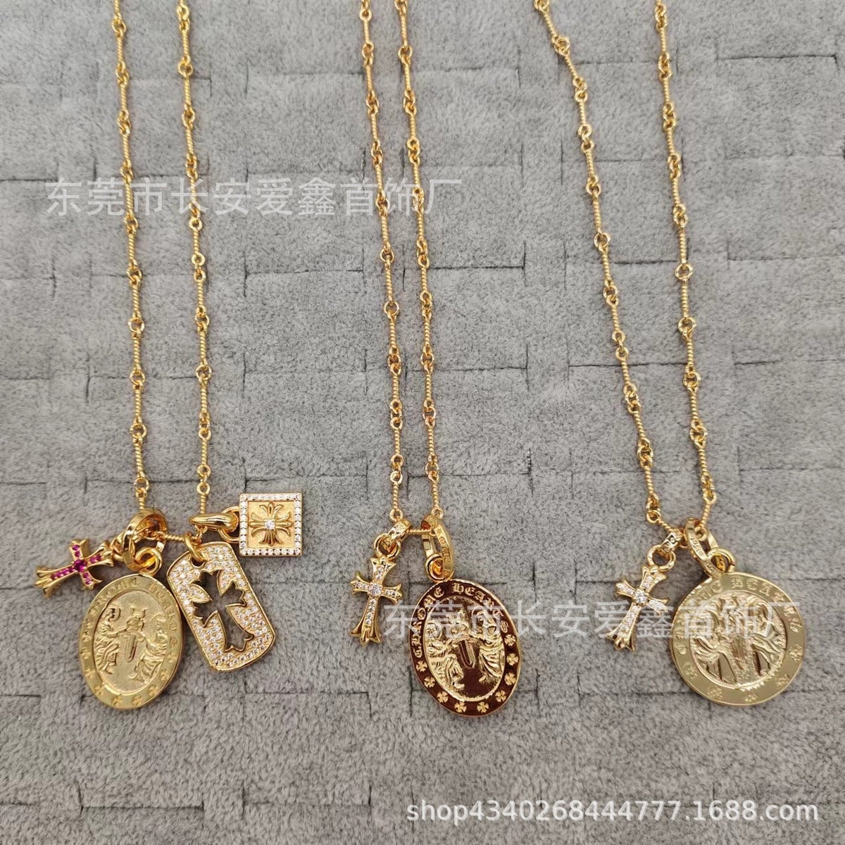 Chrome Hearts Gold Diamond Small Cross Pendant Angel Medal Necklace