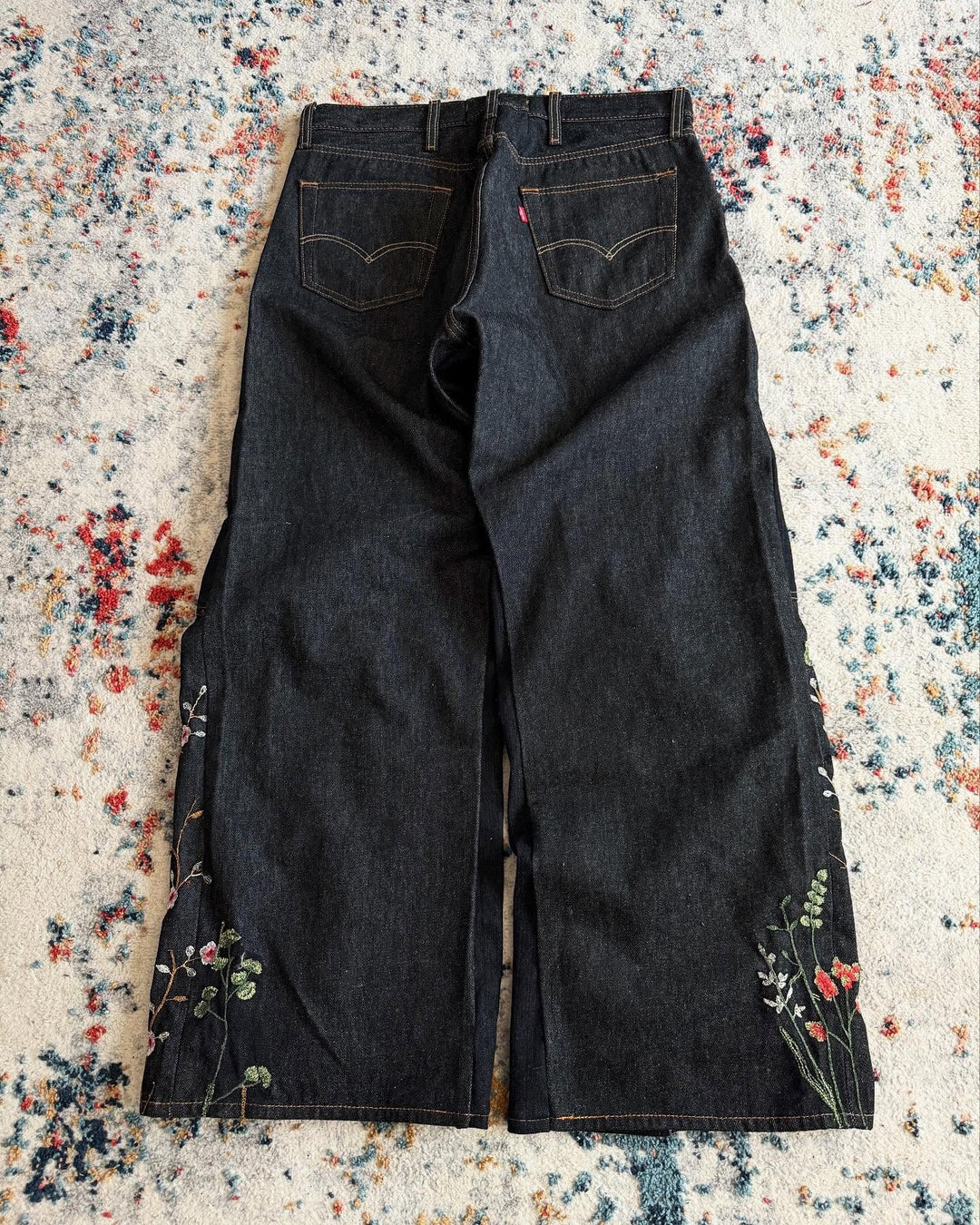 Y2K Loose-Fit Wide-Leg Patchwork Jeans with Floral Embroidery