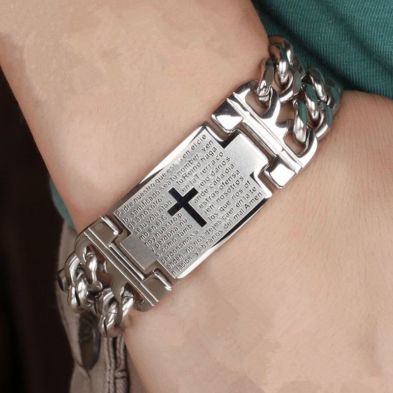 Double-Row Cross Stainless Steel Couple's Bracelet Set