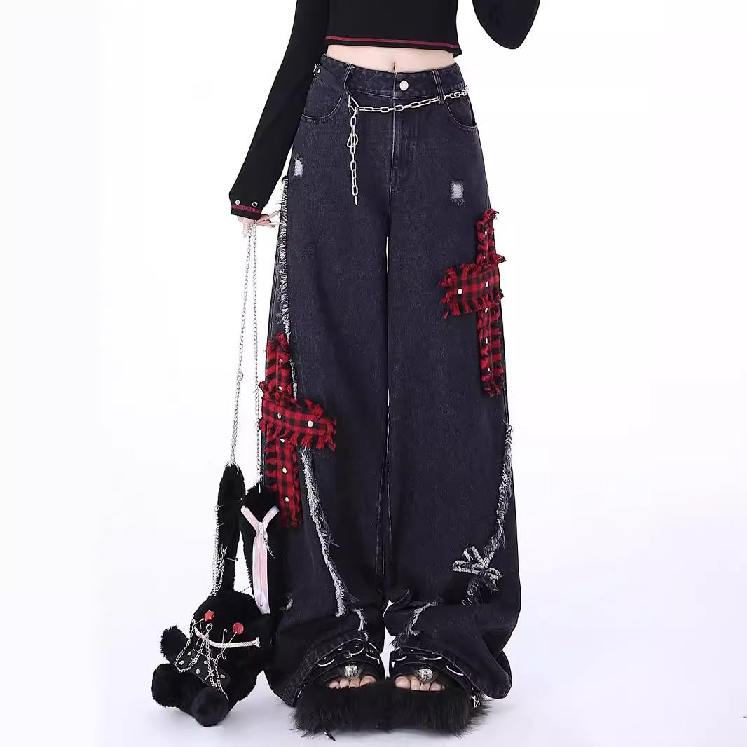 Rock-Punk Distressed Straight-Leg Wide-Leg Jeans