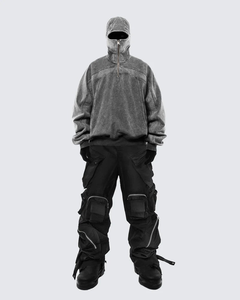 Single-hooded long zip-up hoodie with exposed eyes