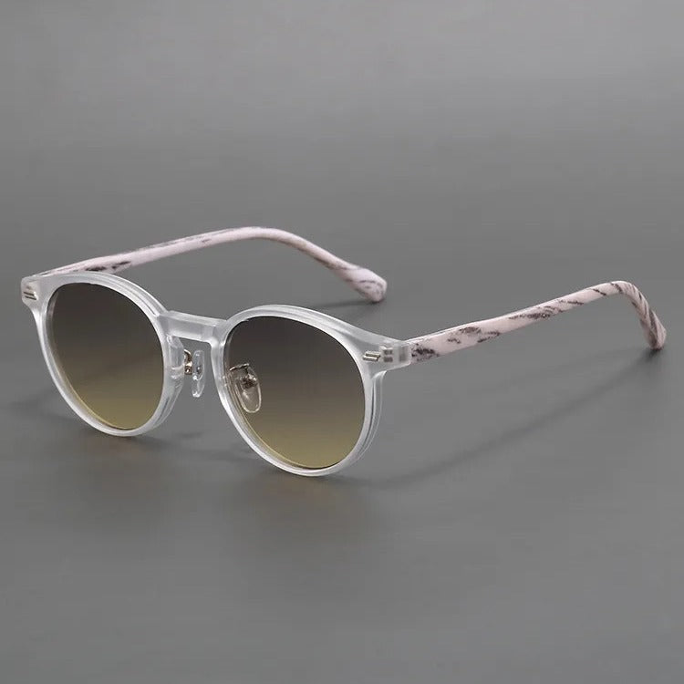 Frosted round frame sunglasses with fake wood frames