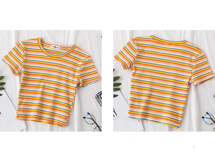 Women's short navel-baring rainbow striped tight T-shirt