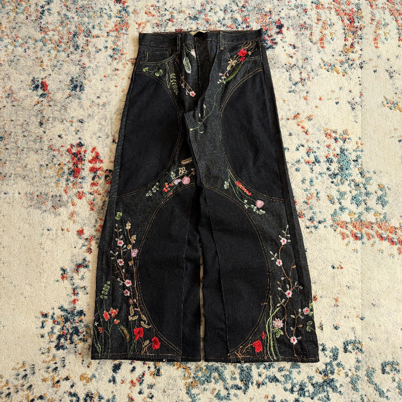 Y2K Loose-Fit Wide-Leg Patchwork Jeans with Floral Embroidery