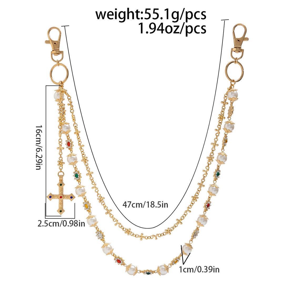 Pearl, Multi-Gemstone, Cross & Floral Pant Chain