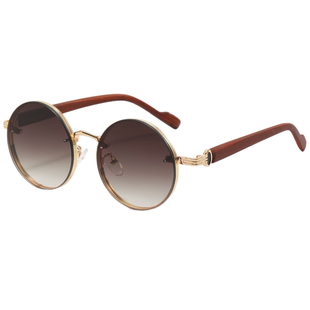 Retro round punk metal sunglasses with wood grain temples