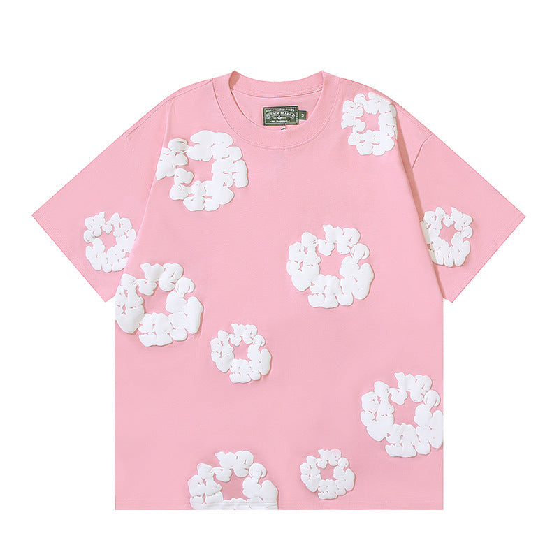 Foamed Kapok Flower Loose-Fitting Short-Sleeved Shorts