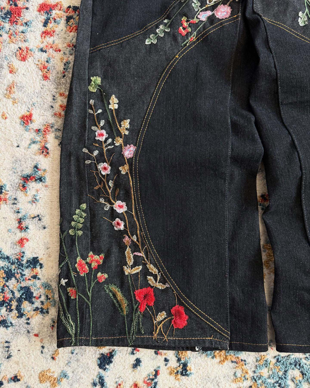 Y2K Loose-Fit Wide-Leg Patchwork Jeans with Floral Embroidery