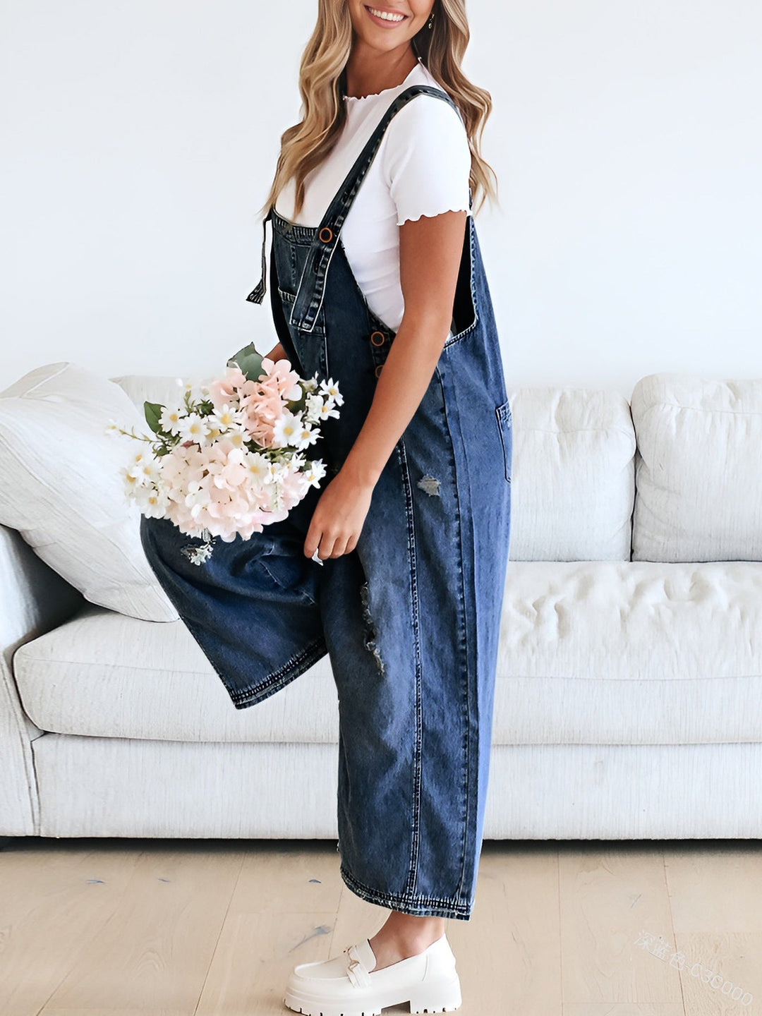 Vintage Distressed Ripped Loose-Fit Wide-Leg Denim Overalls