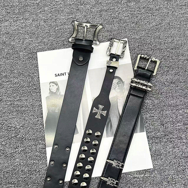 Chrome Hearts Vine Carved Coral Buckle Gothic Studded Leather Belt