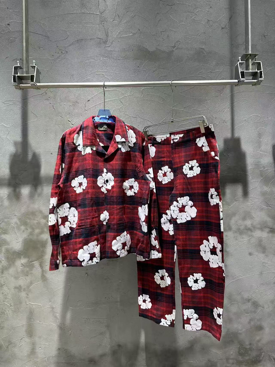 Kapok flower foam print plaid shirt set